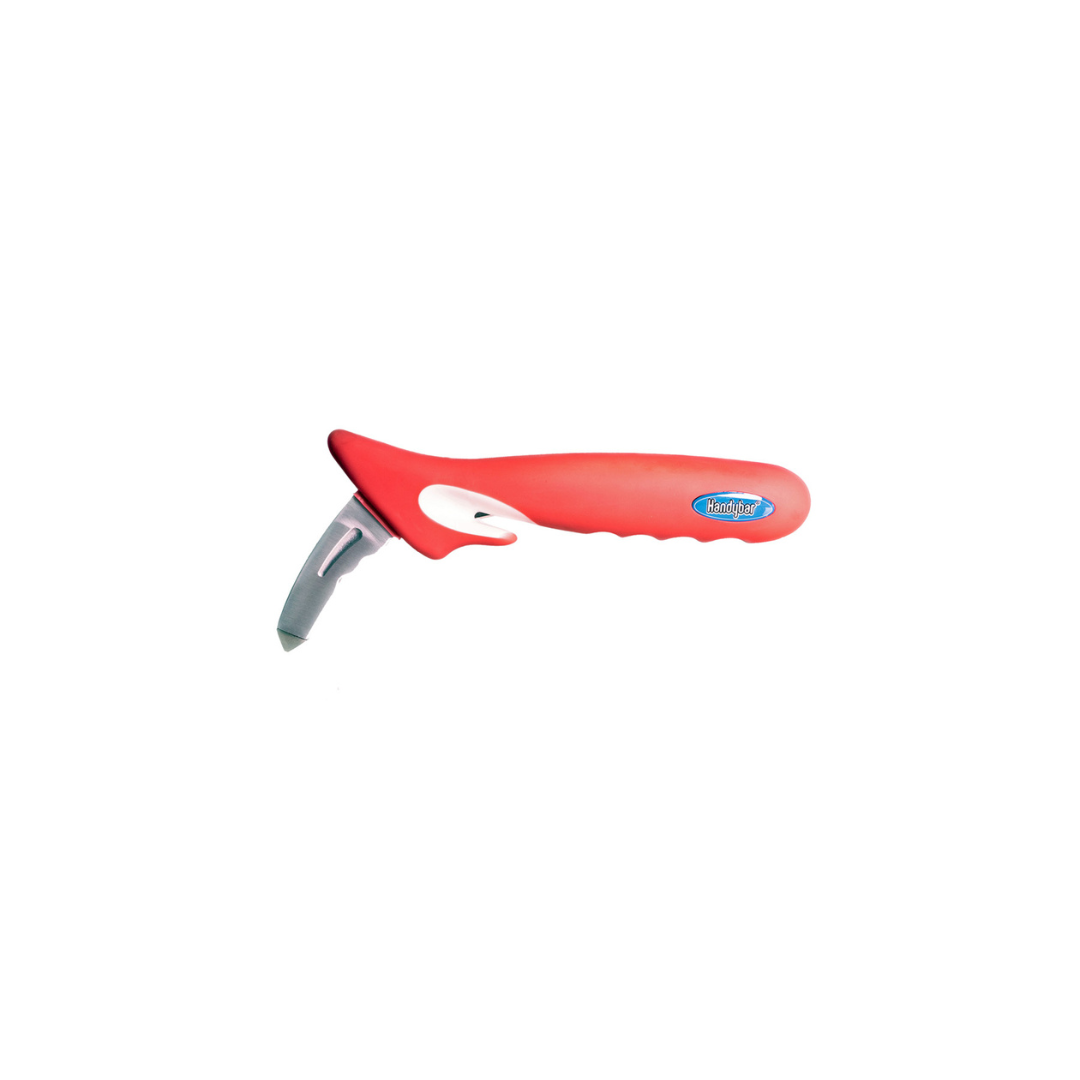 A red and silver vehicle aid mobility handybar with a black seat belt cutter and window breaker.